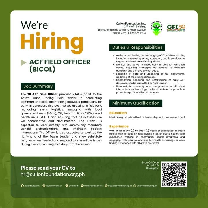 CFI is looking for TB ACF Project Team Members in Bicol