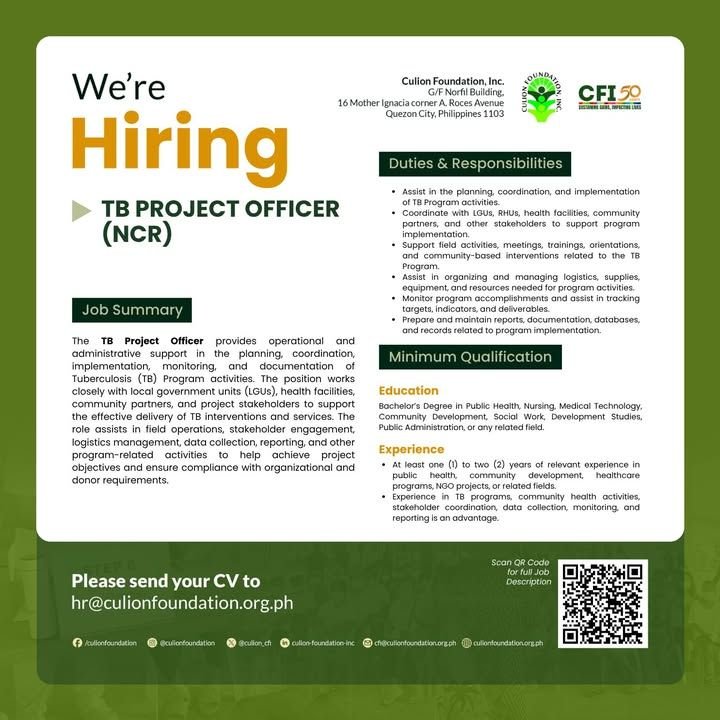 CFI is Looking for a TB Project Officer – NCR