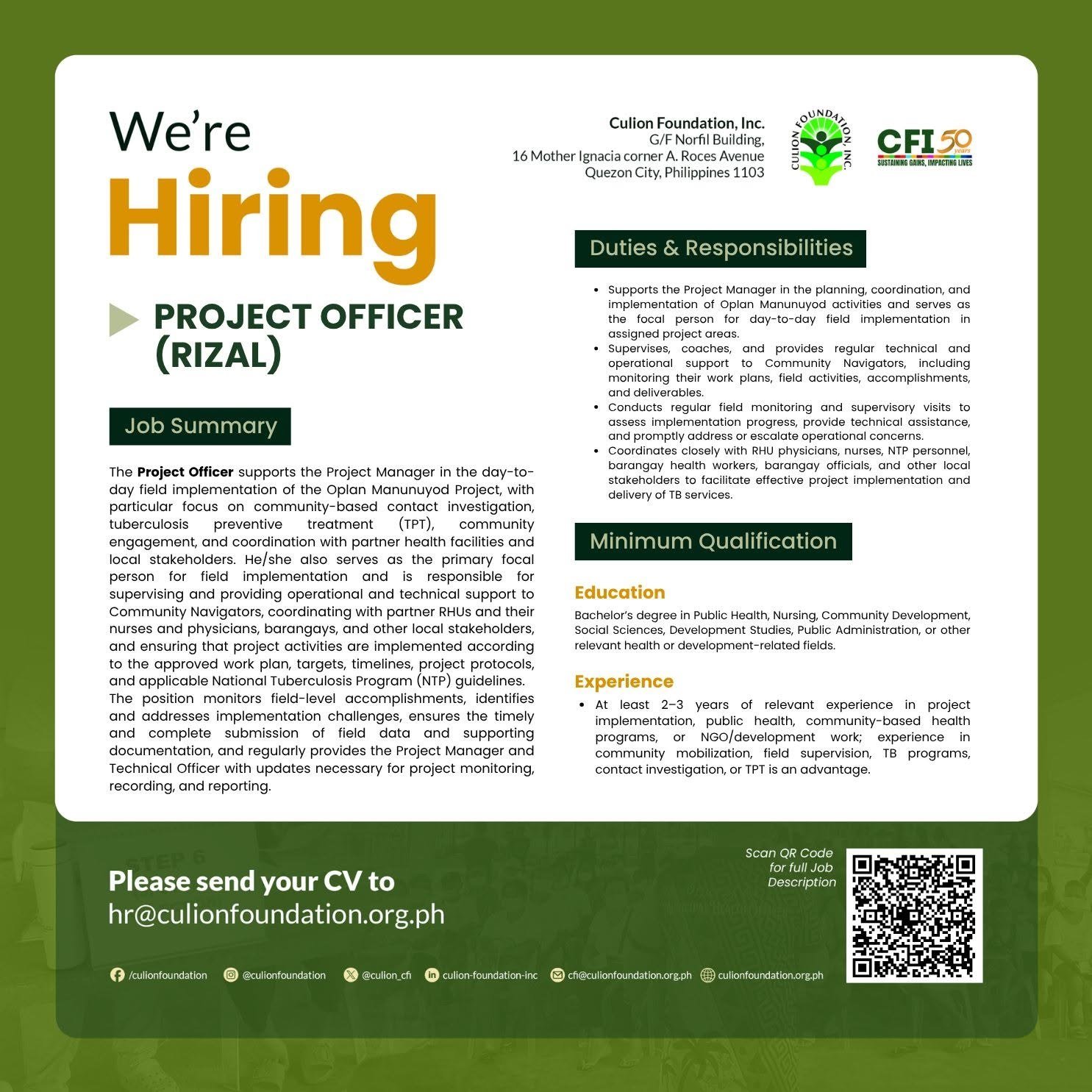 Culion Foundation is hiring a Project Officer for Rizal