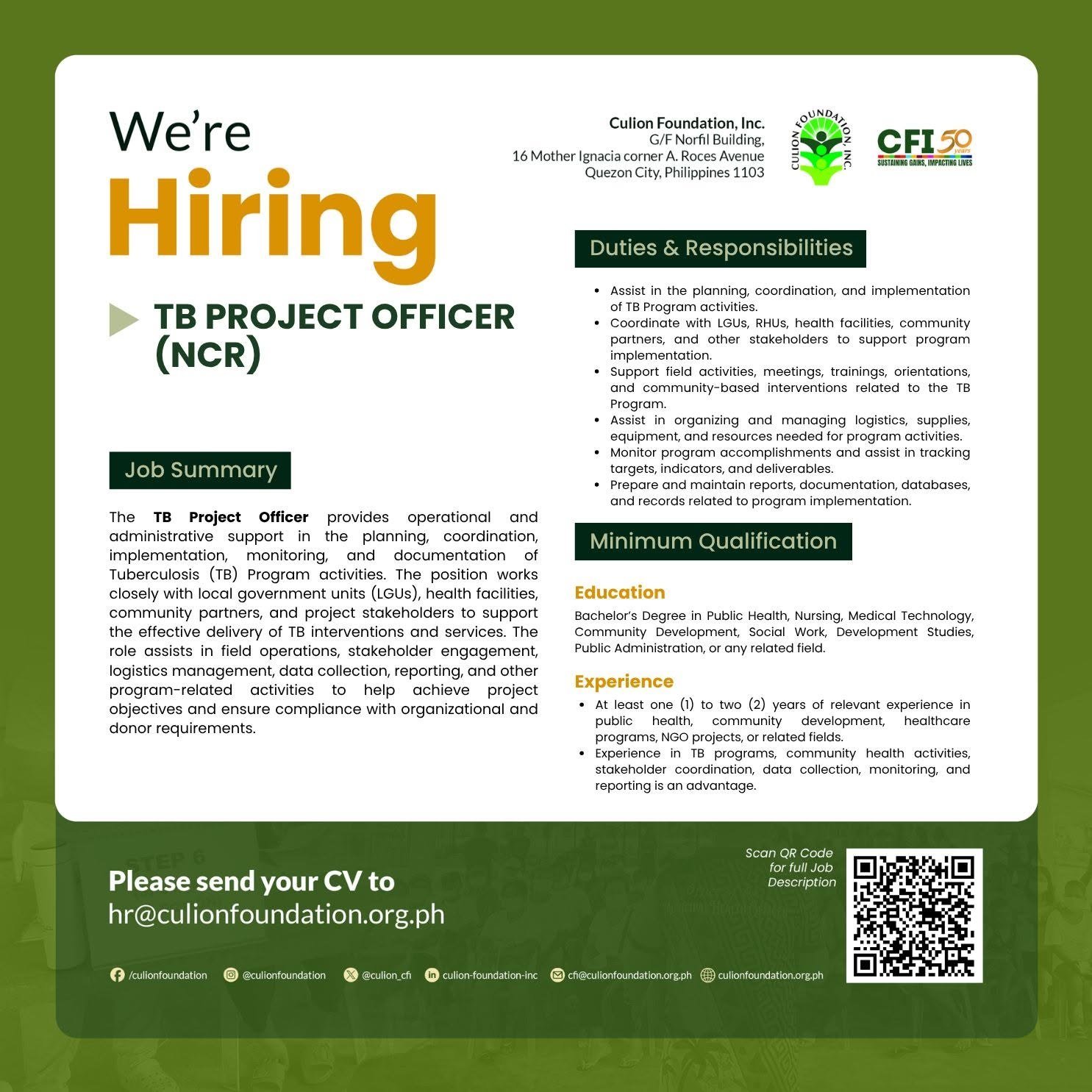 Culion Foundation is hiring a TB Project Officer for NCR