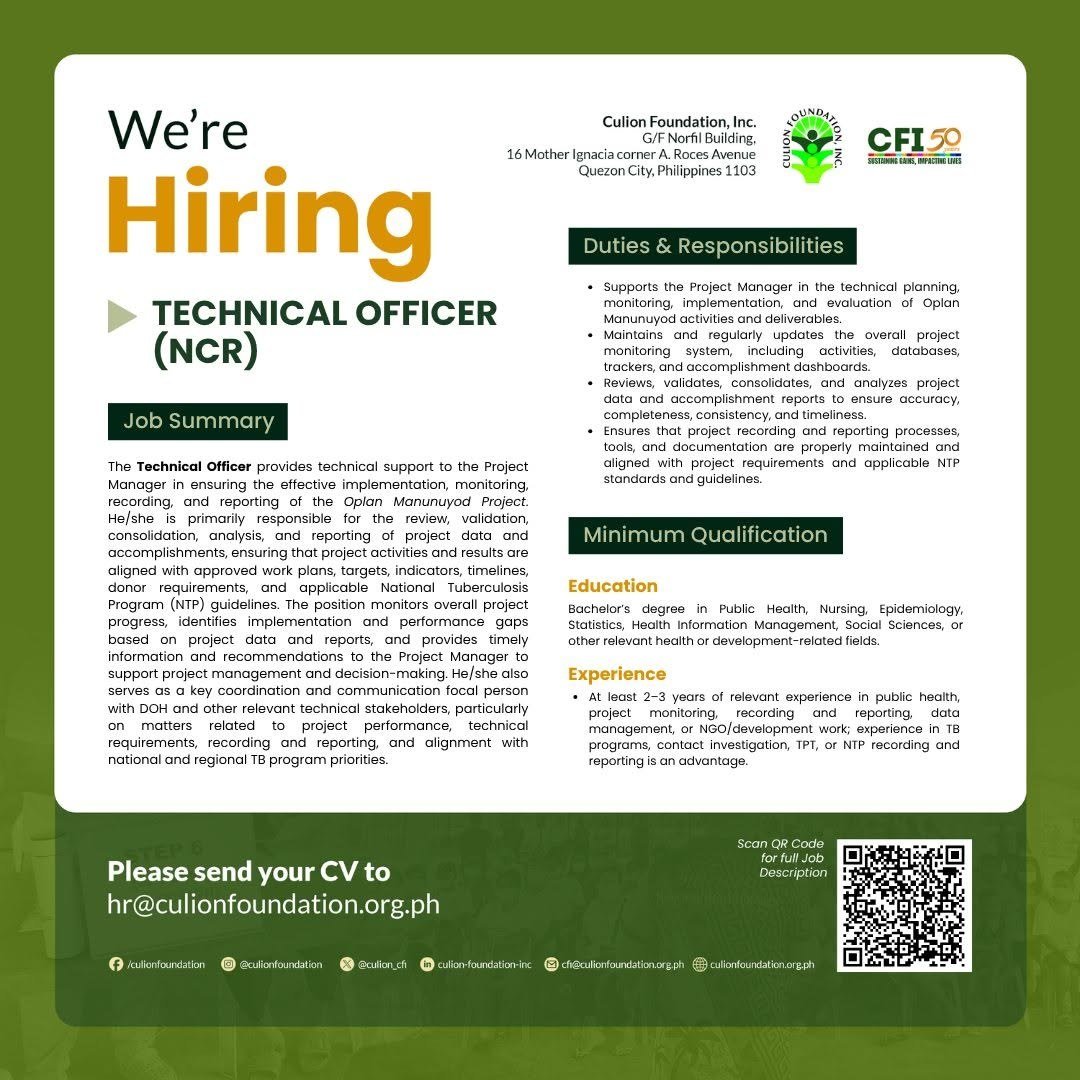 Culion Foundation is hiring a Technical Officer for NCR